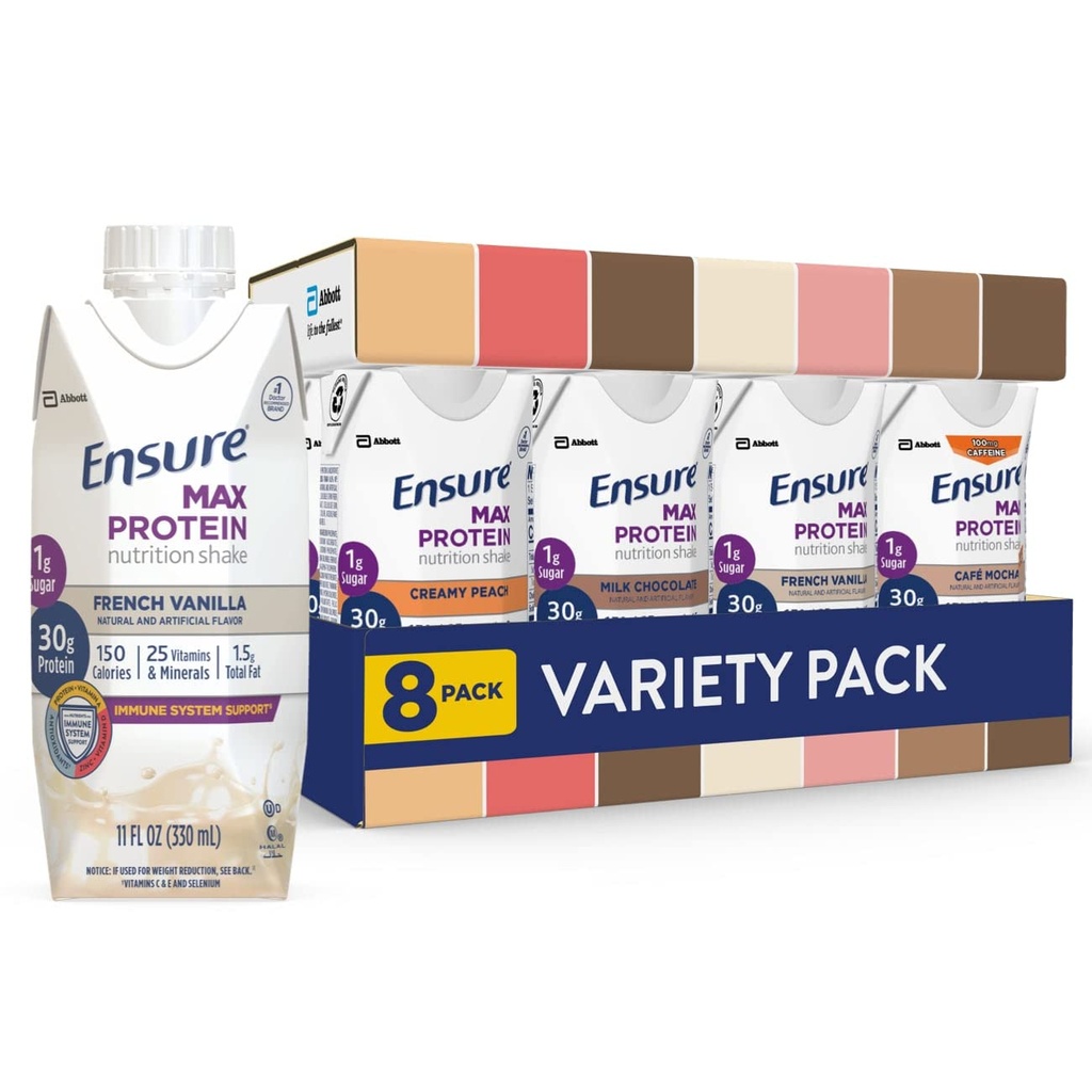 Garantir Max Protein Nutrition Shakes, Variety Pack, Com 30g de proteína, 1g de açúcar, Nutrientes para apoiar a saúde do sistema imunológico, alta proteína Shake, 11 fl oz, pacote de 8, líquido