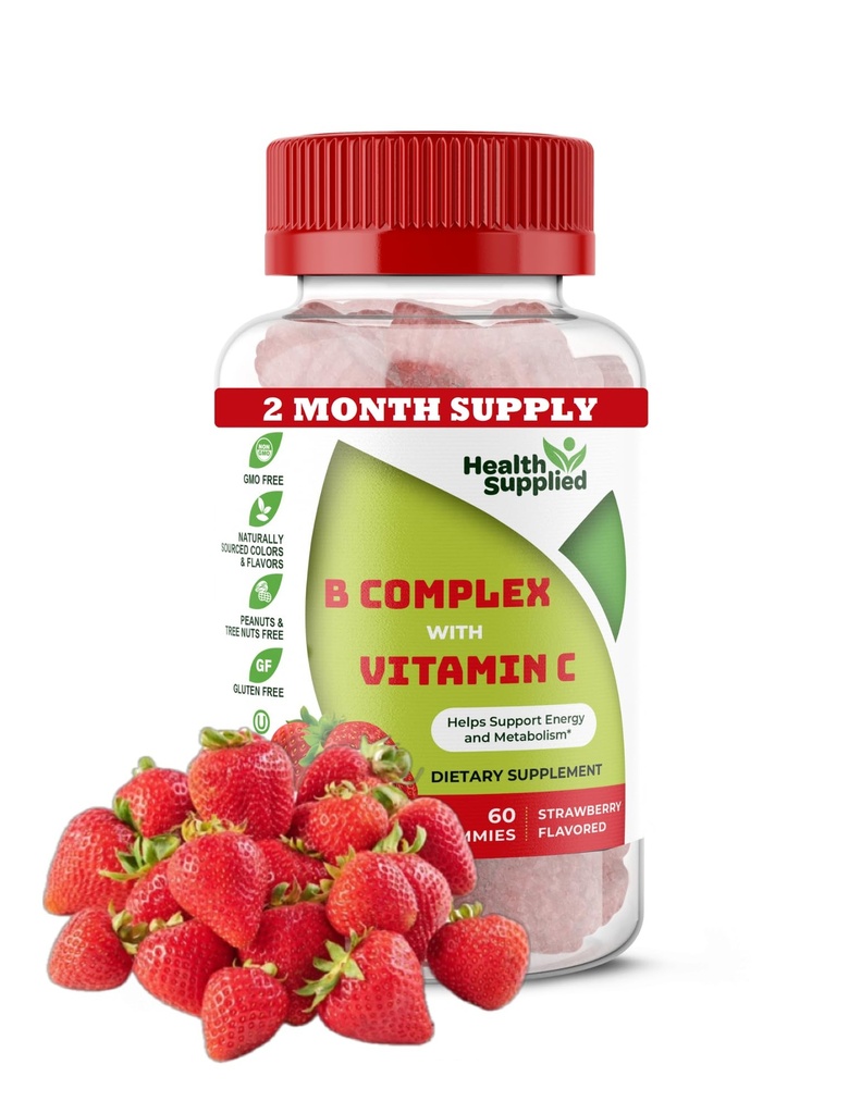 Morango sabor Vitamina B Complex Gummies - B Complexo com Vitamina C - Suporta Sistema Nervoso e Aumenta Níveis de Energia - Assiste com Função Cognitiva - Grande Degustação e Fácil de Engolir