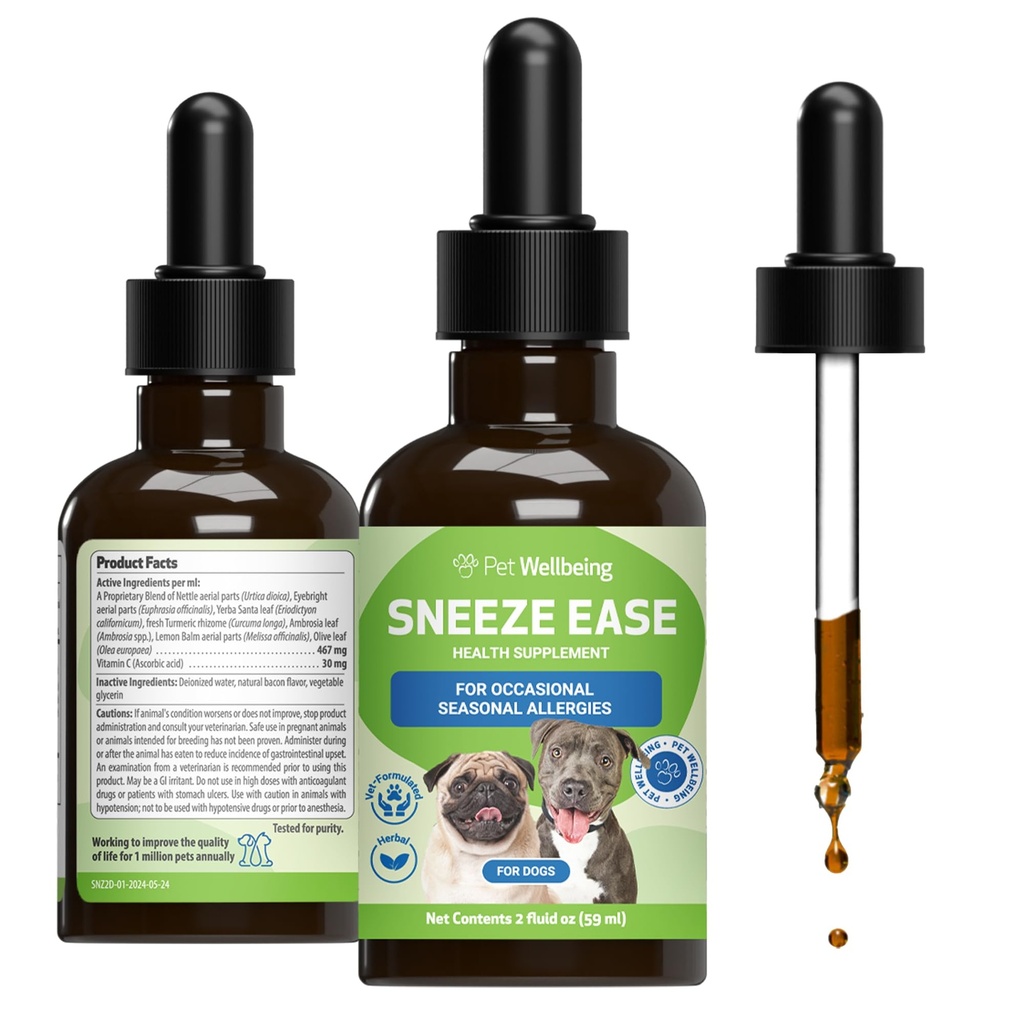 Bem-estar do animal de estimação Espirro Facilidade para cães - espirros ocasionais, Alergias sazonais, Nariz & Desconforto Eye, Eyebright, Nettles - Veterinária-Formulada Suplemento de ervas 2 oz (59 ml)