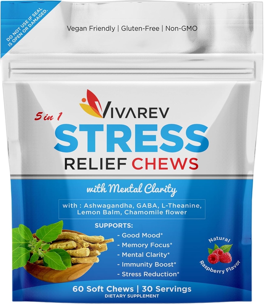 Resgate de estresse Ashwagandha Gummies - Formulado com Ashwagandha, GABA, L Theanina, Limão Balm & Camomila Flor como um alívio de estresse e foco Suplemento - Natural Framboesa Flavor, pacote de 60