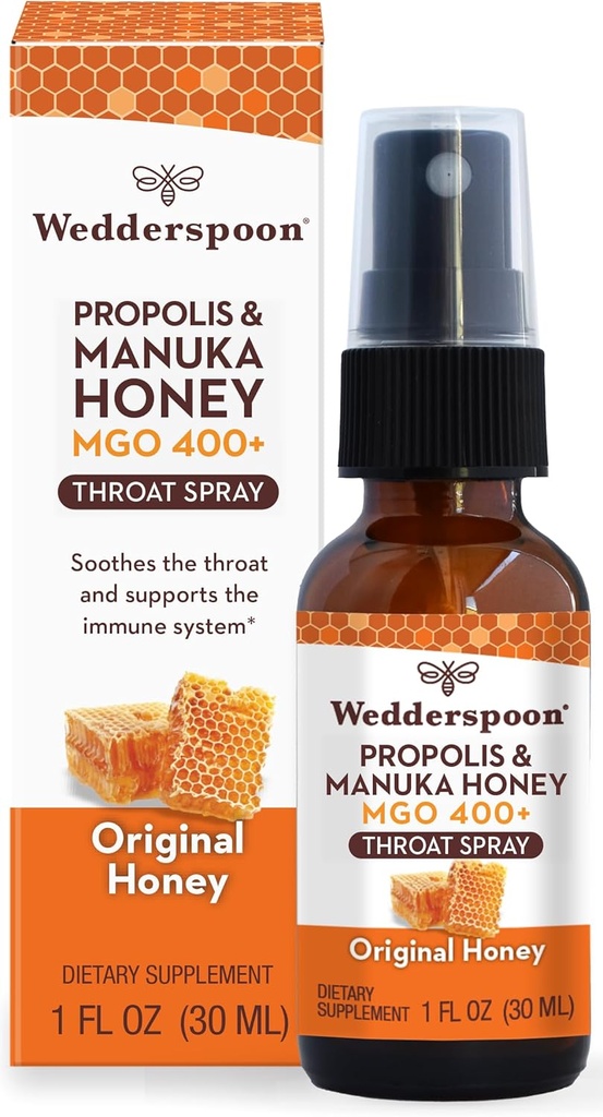 Wedderspoon Própolis e Manuka Honey Throat Spray, Mel Original, 1 Fl Oz (Pacote de 1), Alívio da Garganta Dolorida, Suporte Imune Natural