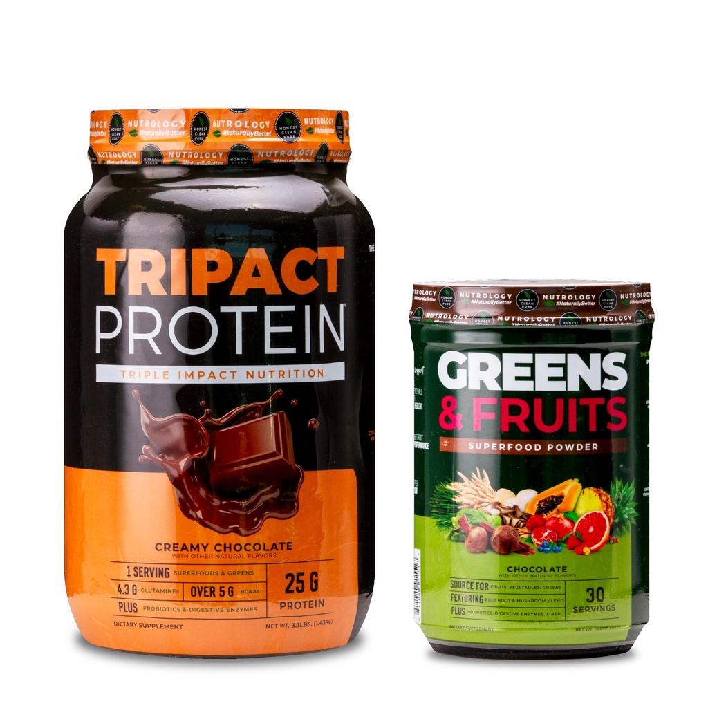 Nutriology TRIPACT Protein Powder, 7-em-1 Shake de substituição de refeições, Chocolate cremoso (40 Servings) Verdes e frutas Superalimento de origem natural em pó, Chocolate (30 Servings)
