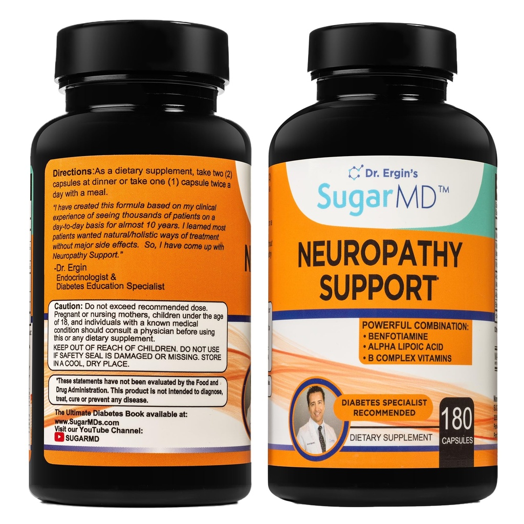 Suplemento de suporte de neuropatia SugarMD – 180 cápsulas de suplemento de nervos com ácido alfa lipoico, benfotiamina e vitamina D3 B6 B12 - suplemento de suporte de nervos para mãos de pés dedos e pernas - fornecimento de 90 dias