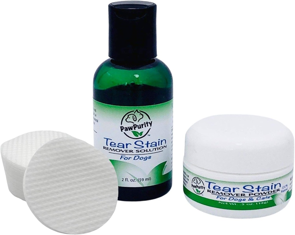 PawPurity Tear Stain Remover Starter Kit para cães Inclui solução removedor de manchas 2 onças, pó 5 onças e 30 almofadas de aplicação 100% Natural Remoção leva cerca de 7-10 dias (30-45 dias de fornecimento)