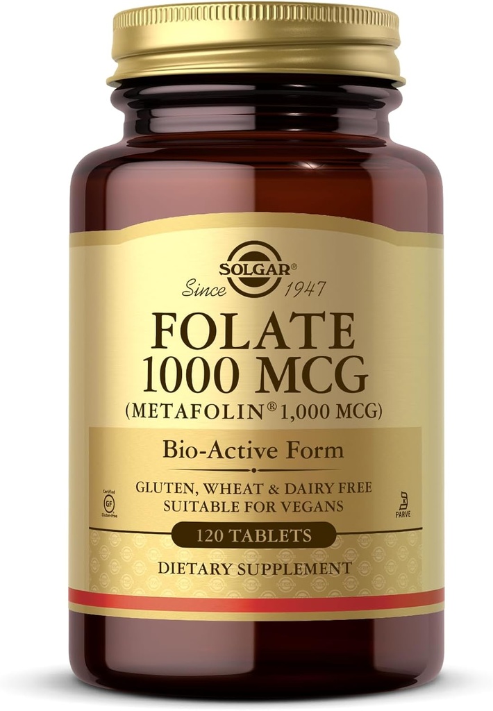 Solgar Folato 1000 mcg - 120 Comprimidos - 1000 mcg Bio-Active Metafolin - Vegan, Sem glúten, Leite Livre, Kosher - 120 Servimentos