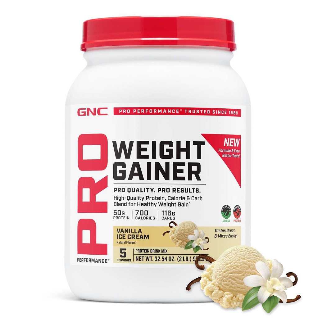 GNC Pro desempenho peso Gainer Protein Powder, 50g de proteína, alta caloria, 700 calorias, suporta massa e recuperação muscular, MCT, BCAA, 3o partido testado, Vanilla sorvete, 6 Servings, 2,5 lbs