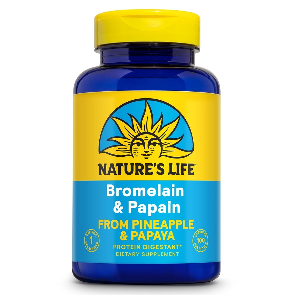Nature's Life Bromelain & Papain – Enzimas proteolíticas para suporte digestivo e conforto – de Abacaxi & Papaya – 250mg – 100 cápsulas vegetarianas