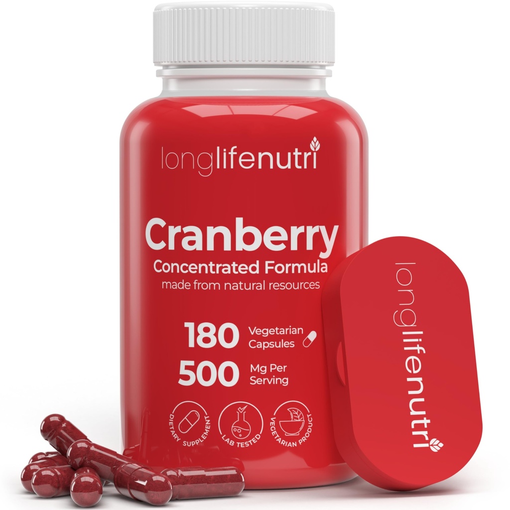 LongLifeNutri Cranberry Extract with Vitamina C & E - Pura fórmula concentrada, 500mg por serviço, 180 Cápsulas Vegetarianas, Saúde Trato Urinário & Bexiga, 6 Mês de Fornecimento, Made in USA