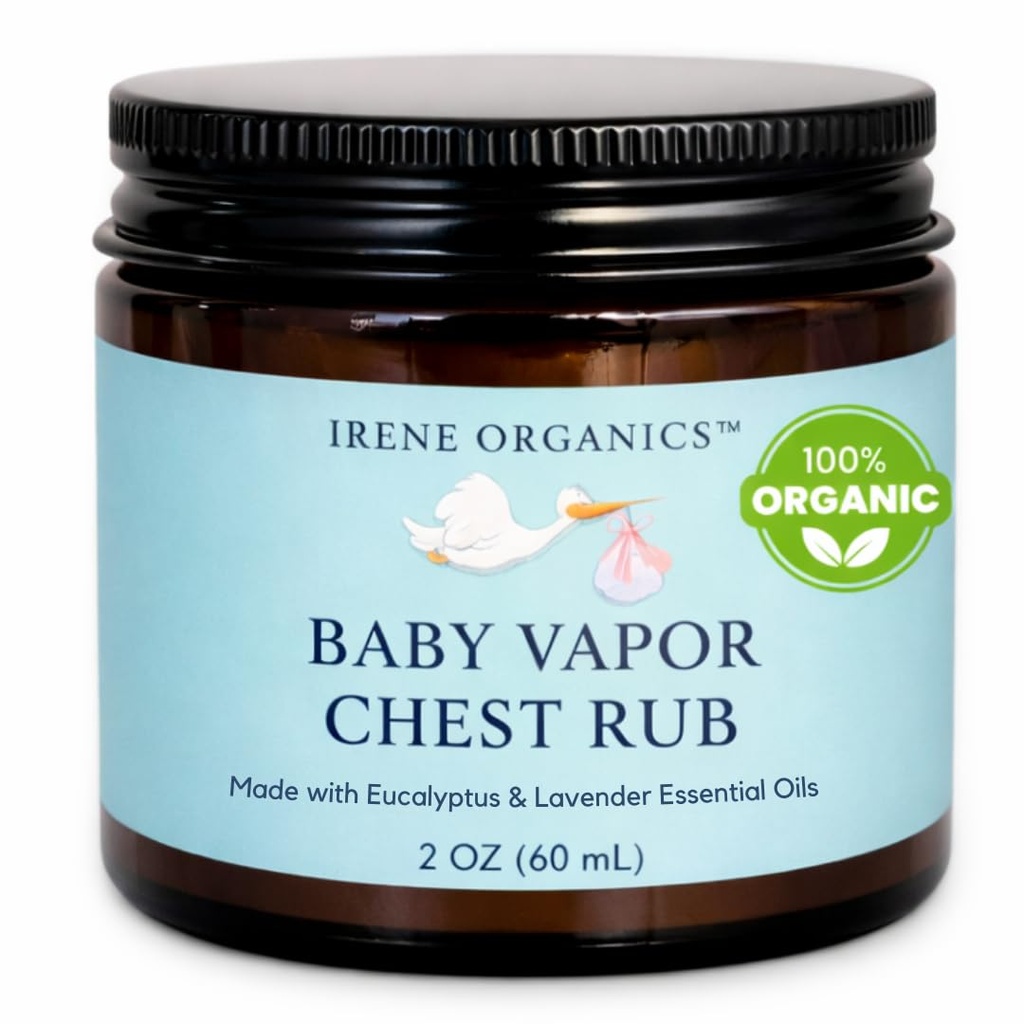 Irene Organics Baby Vapor Chest Rub Clean Vapo Rub Made with Non Toxic Ingredients like Eucalyptus Essential Oils, Safe for All Ages, Newborns and Infants, Sick Kids Essentials