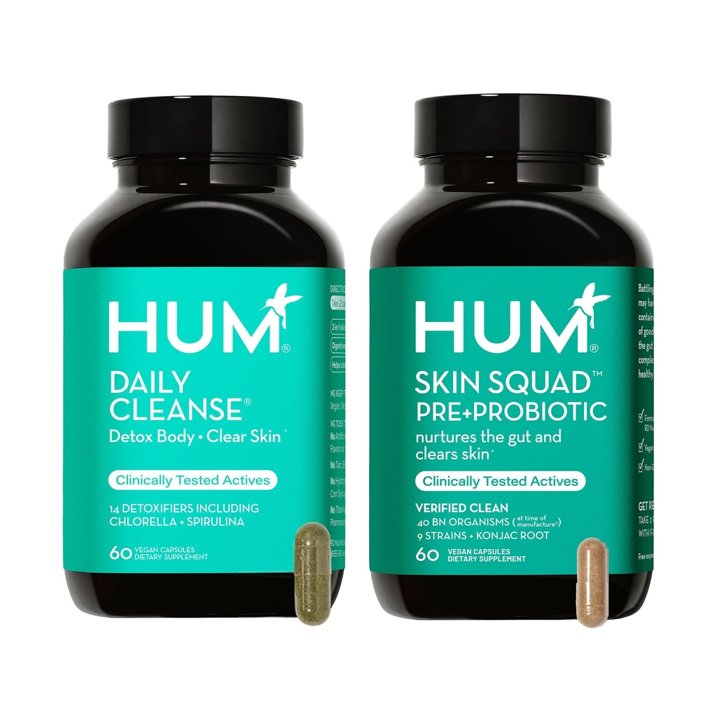 HUM Full Skin Detox and Cleanse -Proboitics for Problem Skin and Acne Breakouts witrh Organic Algae, Detoxificando Herbs, Skin Squad and Daily Cleanse