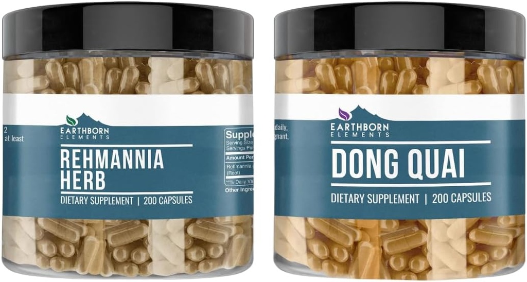 Elementos nascidos da Terra Rehmannia Herb e Dong Quai Bundle, 200 Cápsulas Cada, Puro e não diluído, Sem aditivos