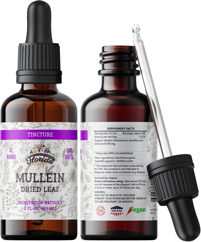 Mullein Tincture Extract, Orgânico Mullein (Verbascum densiflorum) Suplemento de ervas de folha seca em Glicerina vegetal a frio 670 mg