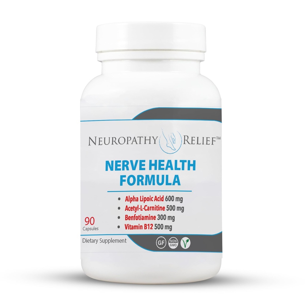 Neuropatia ReliefTM Nerve Health Formula - Suporte Avançado com Cápsulas de Ácido Alfa Lipóico, Acetil-L-Carnitina, Benfotiamina e Vitamina B12-90