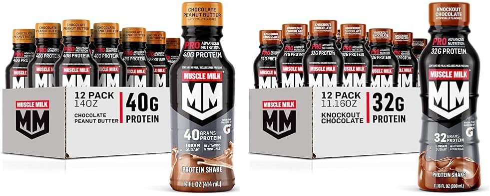 Muscle Milk Pro série Chocolate Amendoim Protein Shake 40g Protein Pack of 12 & Pro Advanced Nutrition Knockout Chocolate Protein Shake 32g Protein Pack of 12