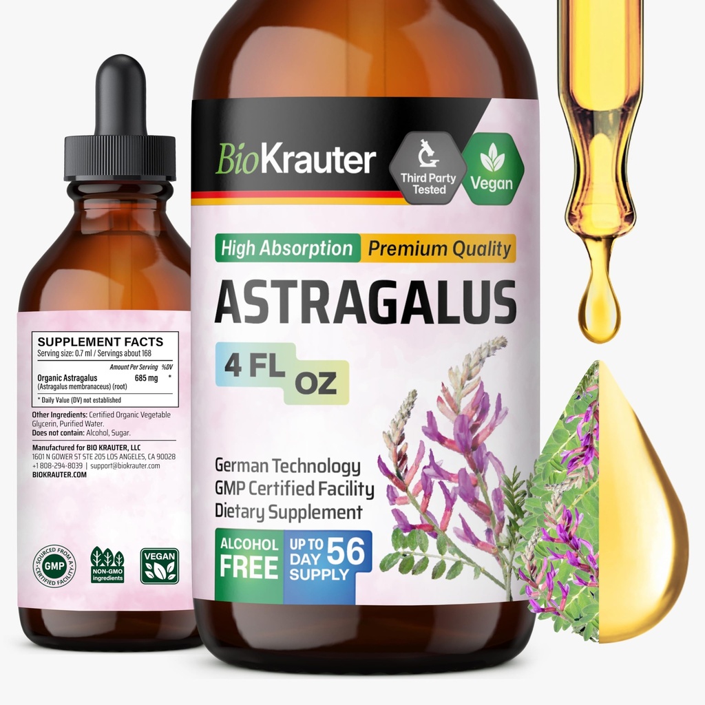 BIO KRAUTER Astragalus Tintura - Astragalus Raiz Extrato para apoio imunológico - Álcool e açúcar livre - alta absorção - gotas Vegan 4 Fl.Oz.