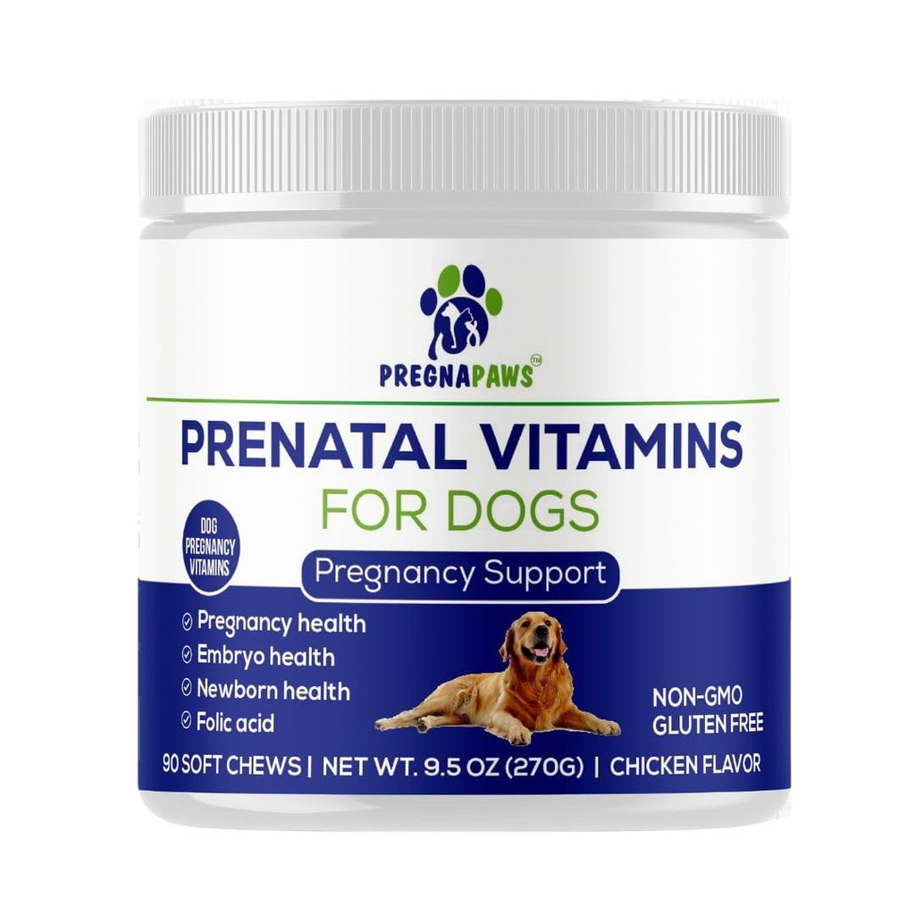 Vitaminas pré-natais para cães - Suporta gravidez saudável, desenvolvimento de filhotes e lactação - Rico em ácido fólico, ferro e cálcio - Suplemento pré-natal avançado para cães grávidas e de enfermagem - 90 mastigação macia