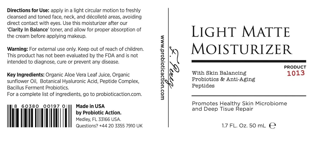 Probiótico Action® Light Matte Hidratante - Probiótico ajudar a prevenir Acne, Rosacea, e Eczema. O Probiótico e Peptídeo Mantém o brilho, suavidade e aperto da pele clara.