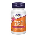 Now Foods Supplements, Mega D-3 & MK-7 com Vitaminas D-3 & K-2, 5.000 UI/180 mcg, Suporte Ósseo & Cardiovascular*, 60 Cápsulas Veg