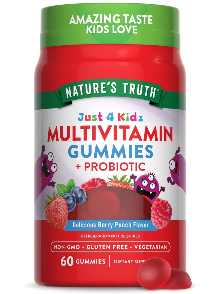 Nature's Truth Kids Gummies multivitamínicos com Probióticos 60 Conte com sabor Berry Punch ou Vegetarian, Non-GMO, and Gluten Free Supplement