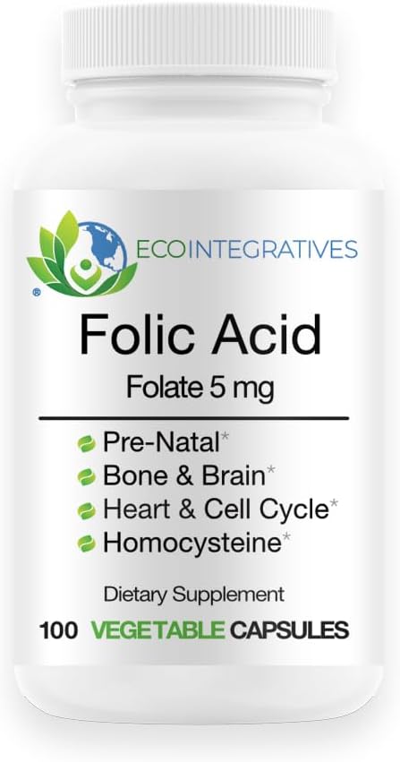Folato de ácido fólico 5mg (B9) Pré-natal, Saúde reprodutiva, Homocisteína, Metabolismo, Cardiovascular, Osso, Suporte Imune, Alergénio Livre, Não OGM - 100 Cápsulas Vegan