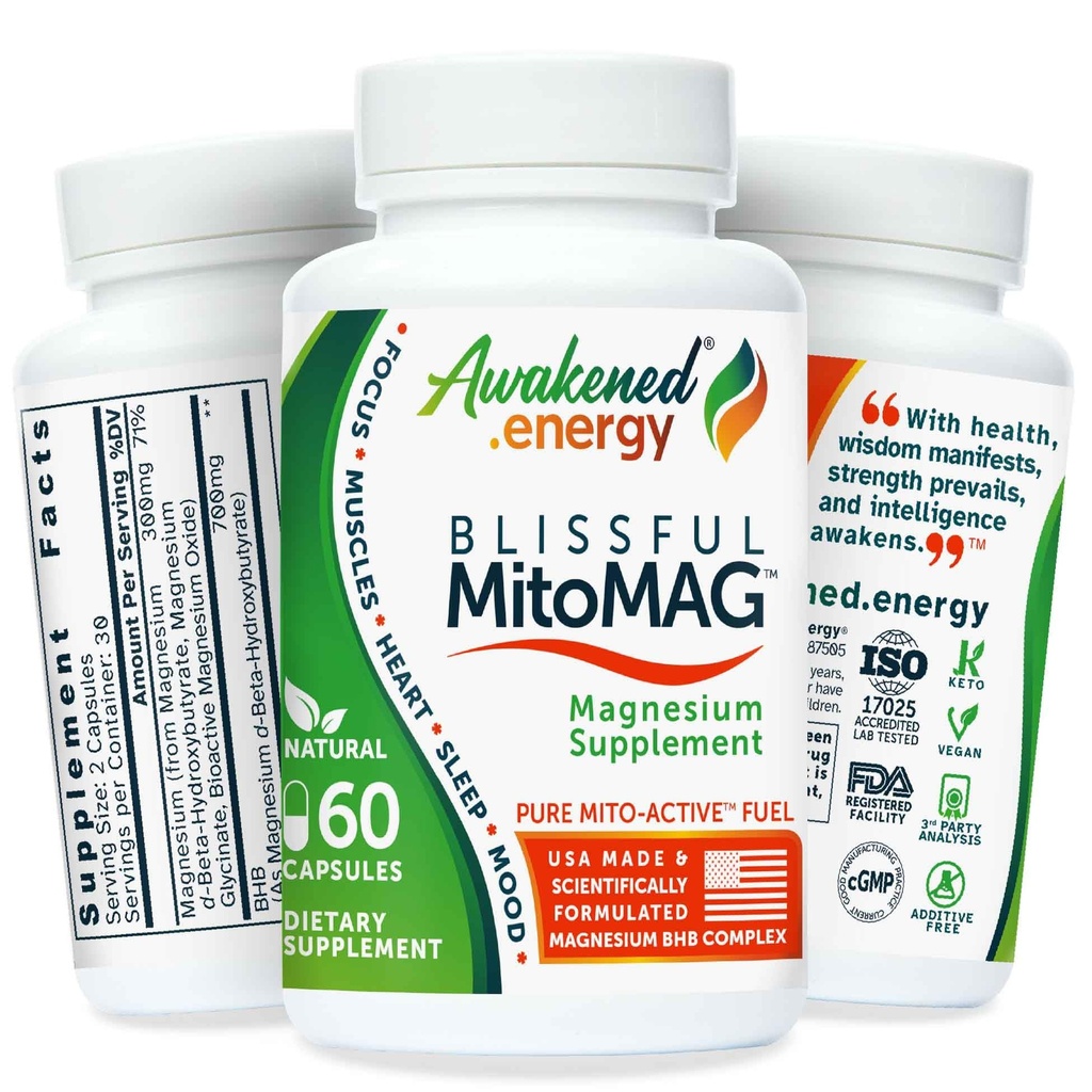 Blissful MitoMag – 300mg Complexo de Magnésio Elemental: Mg Glycinate, Mg BHB - músculos do sono Mood Energia Cognitive Focus Calm – All Natural, EUA Made, Sem aditivos – 60 Vegan Cápsulas Suplemento