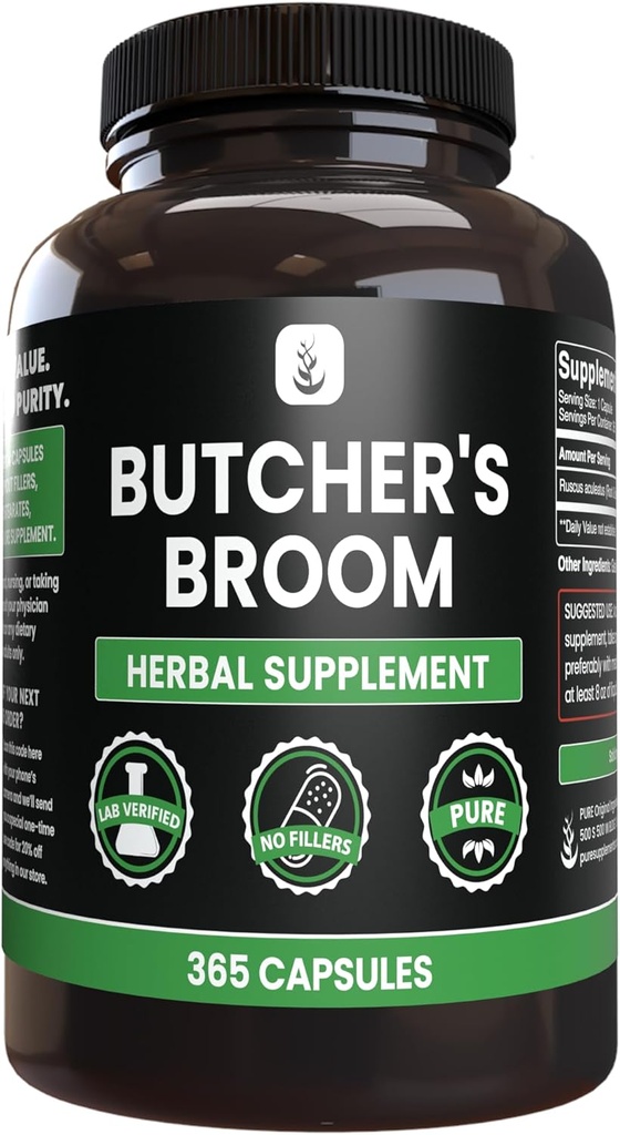 Puro original Ingredients Butcher's Broom (365 Cápsulas), Sem magnésio ou enchimentos de arroz, sempre puro, laboratório verificado