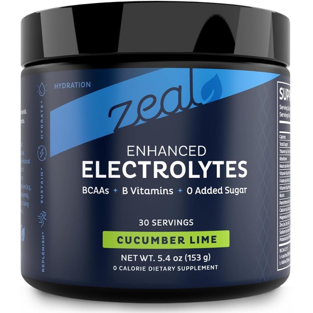 Bebida de recuperação de pó de eletrólito Zeal (30 servÃμes de cal de pepino) w 0 Açúcar + BCAAs + B-Vitaminas Suplemento de eletrólito w Zinco de potássio e magnésio