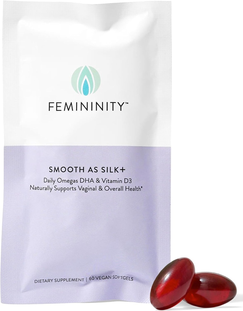 Feminilidade Suave como Silk+ 30-Day Refil para Secura Vaginal (60 Softgels) – Mistura de óleo de Buckthorn Mar, Vitamina D3 e Baseada em Planta Omega-3 DHA