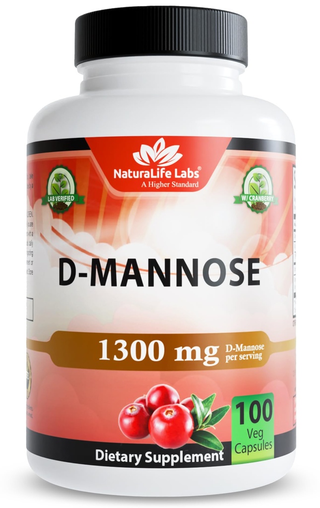 NaturaLife Labs Organic D-Mannose 1300 mg com extrato orgânico de cranberry 100 mg por serviço – 100 Cápsulas – Não-GMO, Sem glúten, Vegan