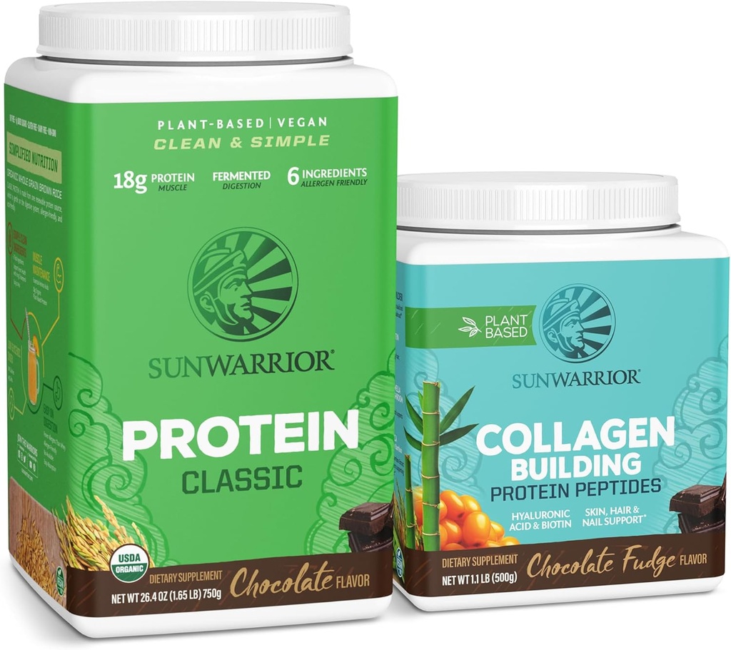 Sunwarrior clássico Vegan Protein Powder □ Planta-based 30 Servings, Chocolate & Colágeno construção de pó Ácido hialurônico