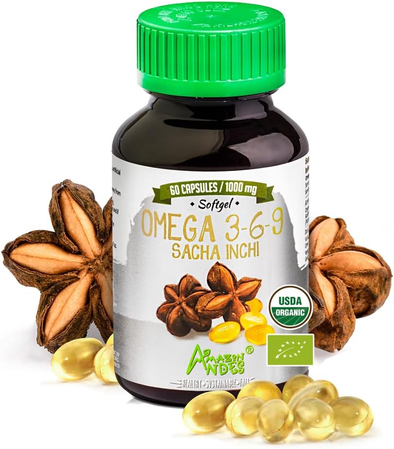 Cápsulas dos Andes Sacha Inchi (Plukenetia volubilis) - Fonte de Omega 3, 6, 9 com ácidos gordos essenciais - Odorless & Sustainable sourced - Apoio à função cerebral - 60 comprimidos de Softgel (1000mg)