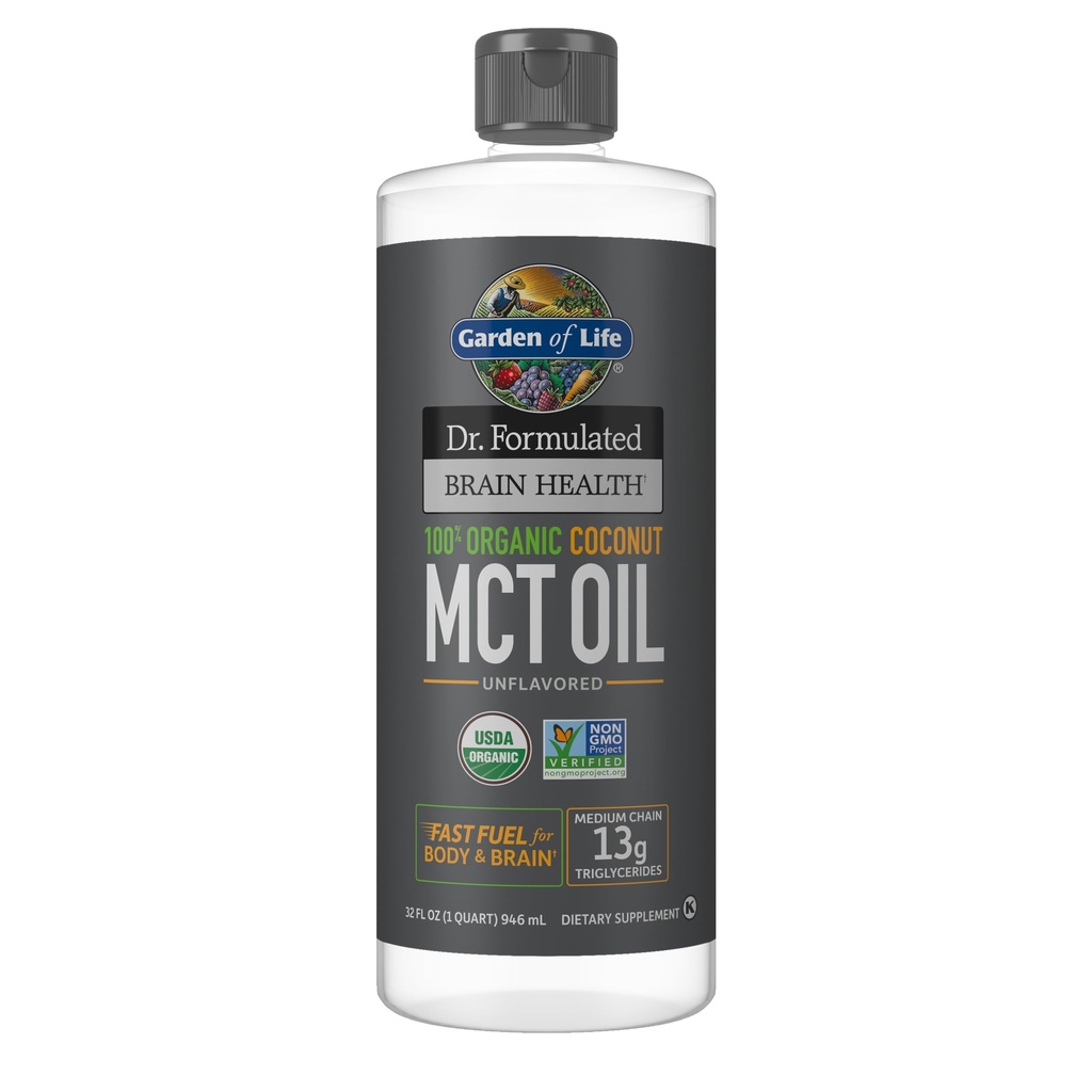 Jardim da vida Dr. Saúde Cerebral Formulado 100% Óleo orgânico de coco MCT 32 fl oz Sem sabor, 13g MCTs, Corpo & Combustível Certified Non-GMO Vegan & Gluten Free, Hexane-Free