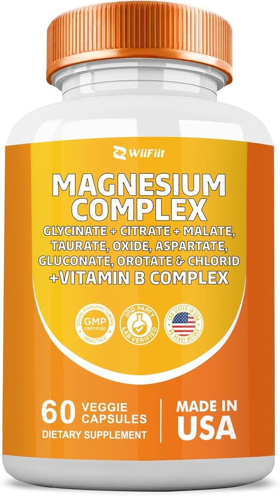 Suplemento Complexo de Magnésio, Clicinato 141mg Óxido 228mg Malato 58,5mg Citrato 62,4mg com Orotato Glycina Cloreto de Taurato Aspartato Gluconato Vitamina B, Suplementos Minerais 60 Cápsulas