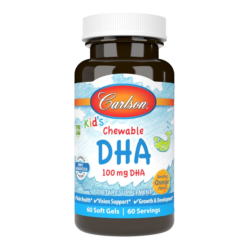 Carlson - Mastigável DHA Kid, 100 mg DHA, função cérebro e visão, crescimento e desenvolvimento, laranja, 60 mastigáveis Softgels