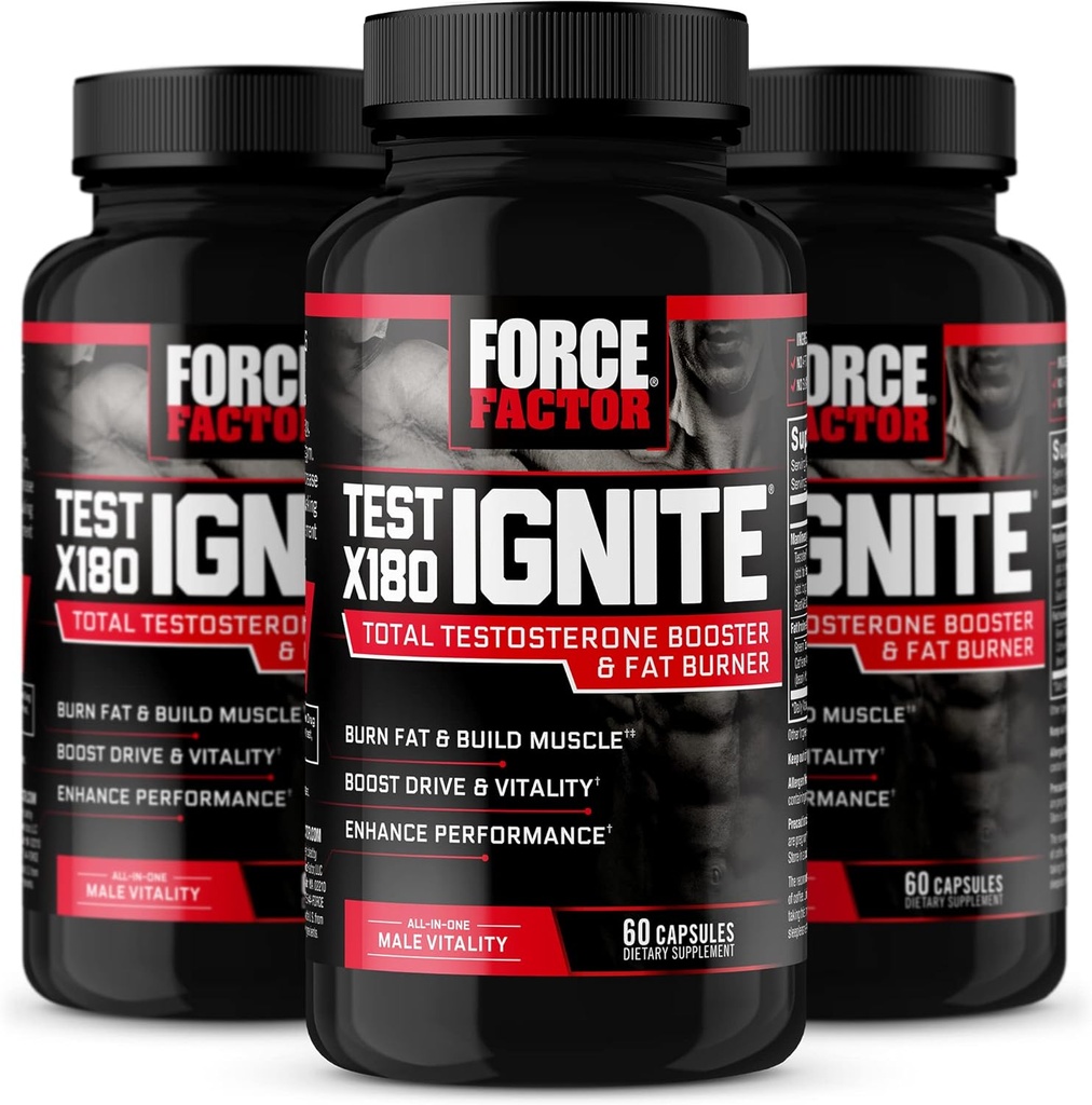 FORCE FACTOR Teste X180 Ignite, Testosterona Booster & Fat Burner para homens, Suplemento de testosterona para ajudar a construir músculo, aumentar a energia e aumentar a vitalidade e desempenho, 60 contagem (Pacote de 3)