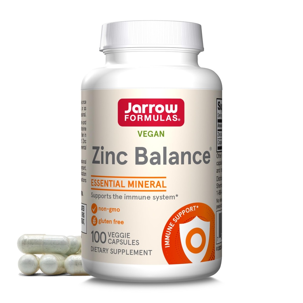 Jarrow Formulas Zinc Balance 15 mg - 100 Servings (Veggie Caps) - Zinco com cobre - Mineral Essentials para suporte do sistema imunológico - Suplemento de suporte imunológico - Suplemento de cobre sem glúten, Vegan