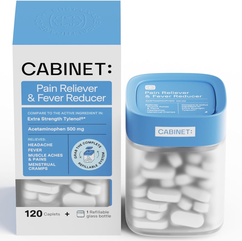 Armário: 500mg Acetamol para alívio da dor de cabeça, Toothaches, Garganta Dolorosa e Redutor de Febre, inclui 1 frasco de medicina recarregável, 120 comprimidos (kit Starter)