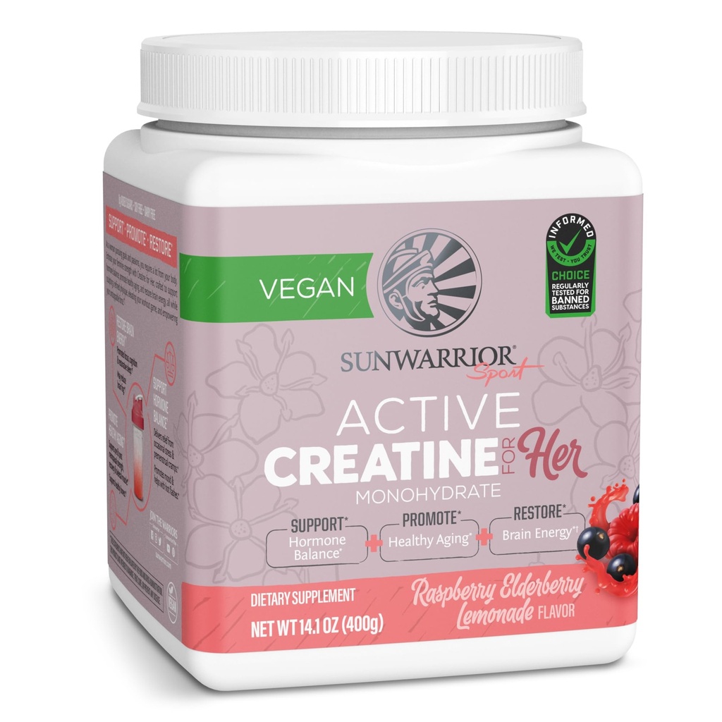 Sunwarrior Creatina para Mulheres Mono-hidrato Pó Micronizado Pré treino Recuperação Suplemento Suporte Muscle Building Força Treinamento Cognição Vegan e facilmente Misturas 50 Servings, Limonada de framboesa