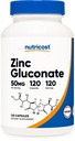 Nutricost Zinc Gluconato 120 Cápsulas vegetarianas (50mg) - Gluten Free e Non-GMO