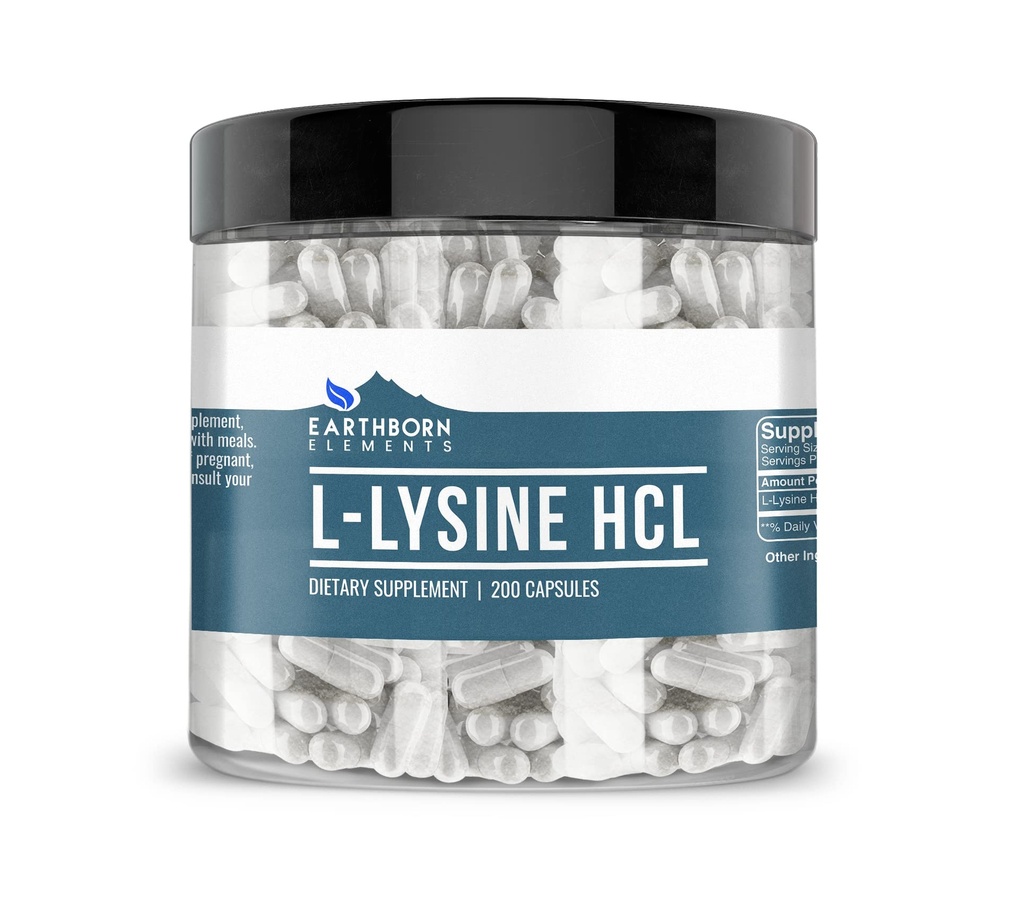 Elementos nascidos na Terra L-Lysine HCL 200 Cápsulas, Puras e Sem Diluição, Sem Aditivos