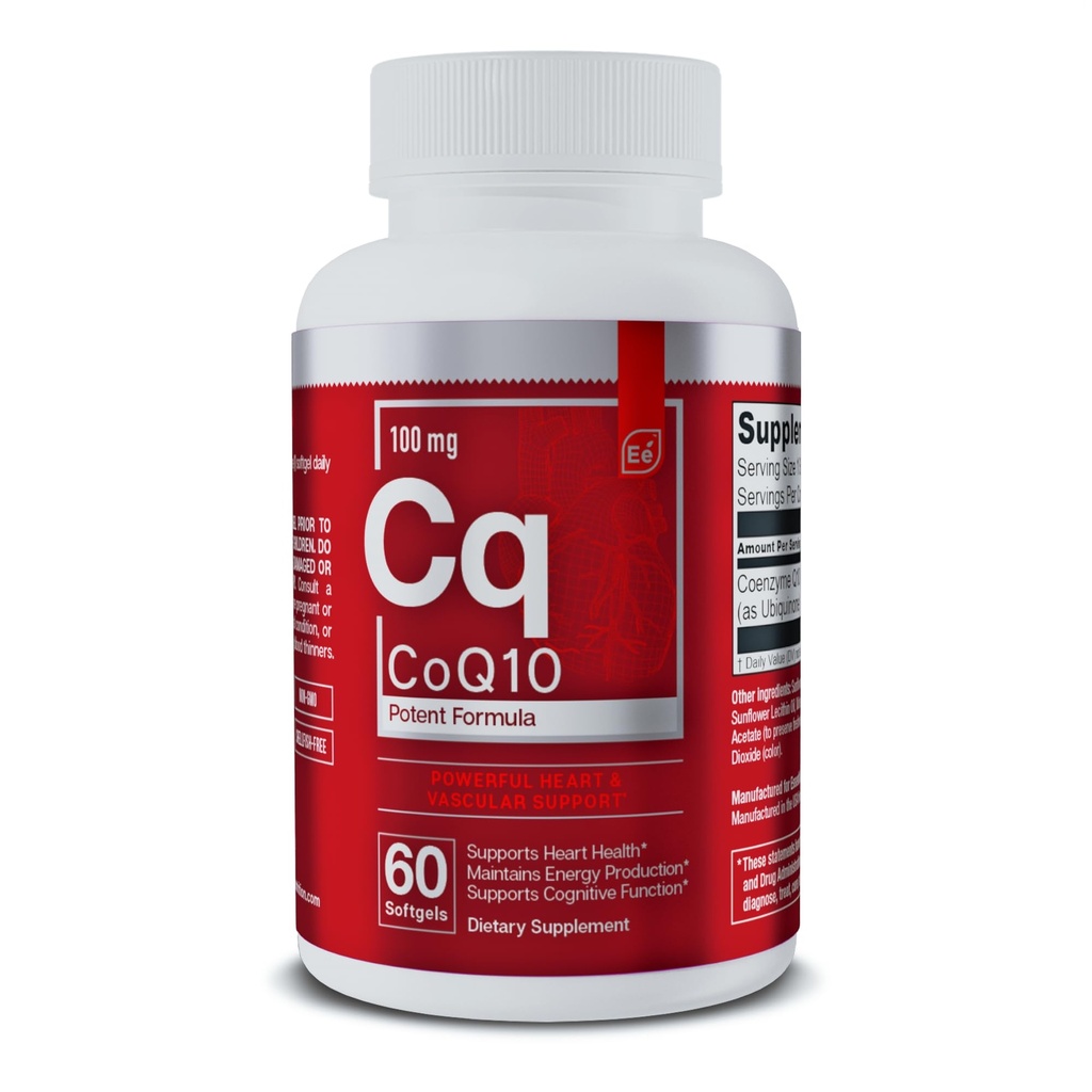 Elementos essenciais CoQ10 100mg Softgels para suporte cardíaco, cerebral e vascular - Coenzima abrangente Q10 Suplemento Formulado para Absorção Optimal - 60 Contagem, 2 Mês de Fornecimento