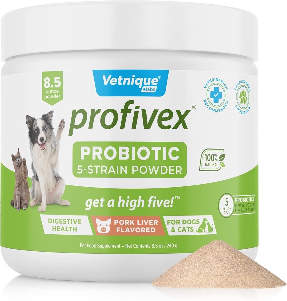 Vetnique Labs Profivex Probióticos para cães Todos os mastigadores de cães naturais e pó para suplementos probióticos de saúde digestiva para cães 5 Strains de Probióticos & Prebióticos (pó, 8.5 onças)