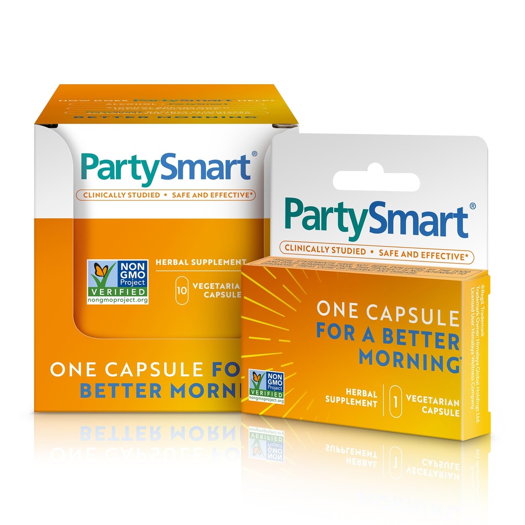 Himalaya PartySmart, 10 Cápsulas individuais - Distribuição de álcool Apoio ao fígado para uma melhor manhã após a bebida - Planta baseada, Vegan, Não-GMO, Glúten livre, Clinicamente estudado