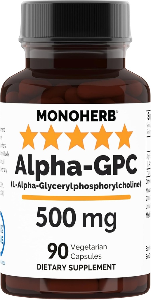 MONOHERB Alpha-GPC 500 mg - 90 Cápsulas Vegan, Nootrópico para suporte ao cérebro, Foco, Memória, Motivação e Energia