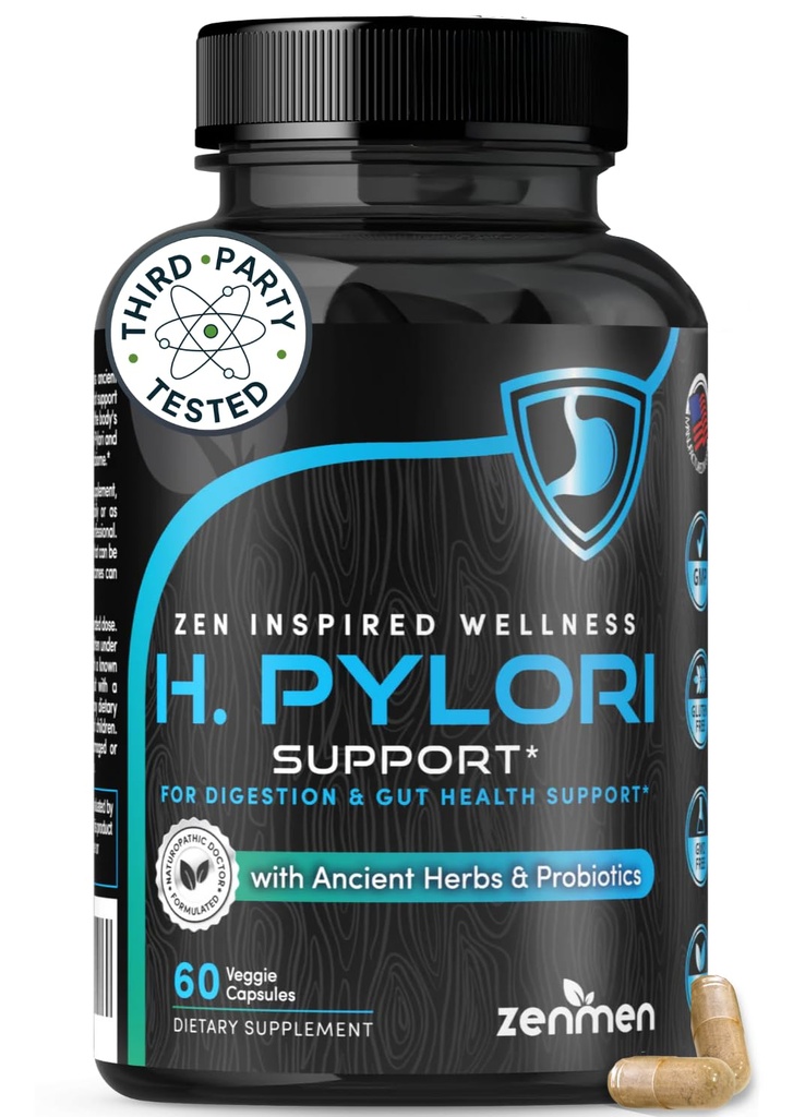Zenmen H. Pylori Suporte □ Lactobacillus Reuteri Probiótico com pastilha elástica para Digestion & GI Saúde - Terceiro partido testado, 60 Cápsulas Vegan, Made in the USA