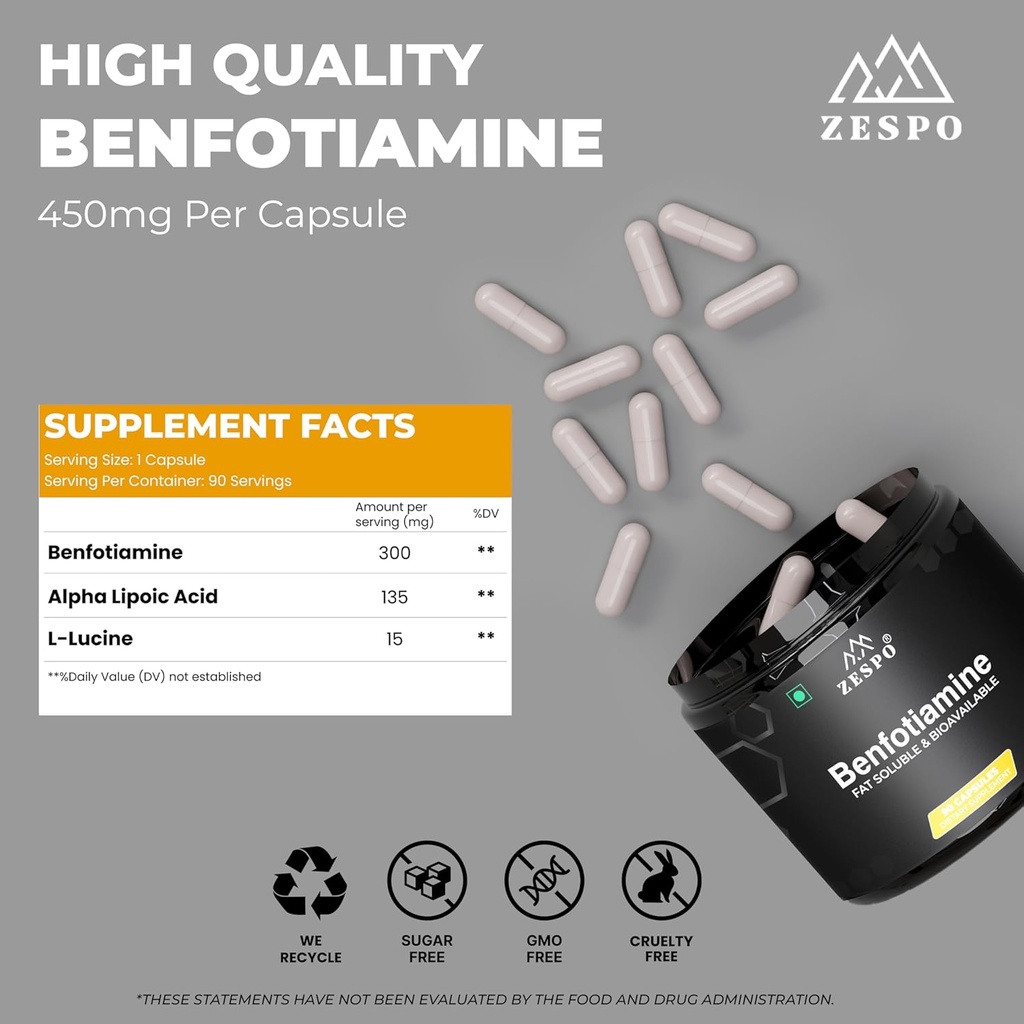 Benfotiamina 450mg – 90 Cápsulas, Suporta Saúde Celular com Ácido Alfa Lipóico & L-Leucina, Fórmula Nutricional e Bem-Estar Diário