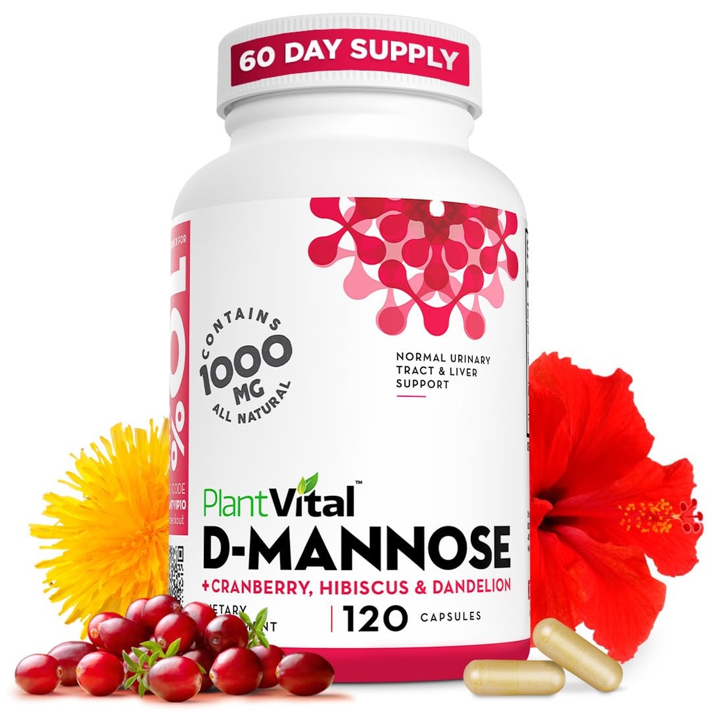 Cápsulas de Mannose Plantvital D com Cranberry - D-mannose 1000mg Cápsulas - Alta potência para suporte de bexiga, rim e trato urinário. Pó de cranberry com Hibiscus e Dandelion. Fornecimento de 2 meses