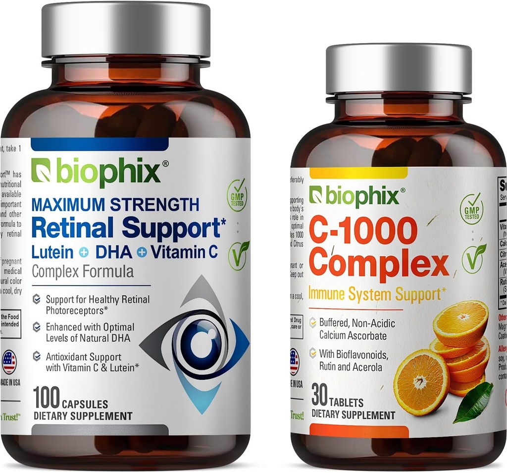 biophix Retinal Support Máxima Força Complexo Fórmula 100 Cápsulas - Grátis C-1000 30 Comprimidos - Zinc Vitamina C E Lutein DHA Omega-3 Astaxantina Ácido Hialurónico - Suporta Visão Ocular Saúde