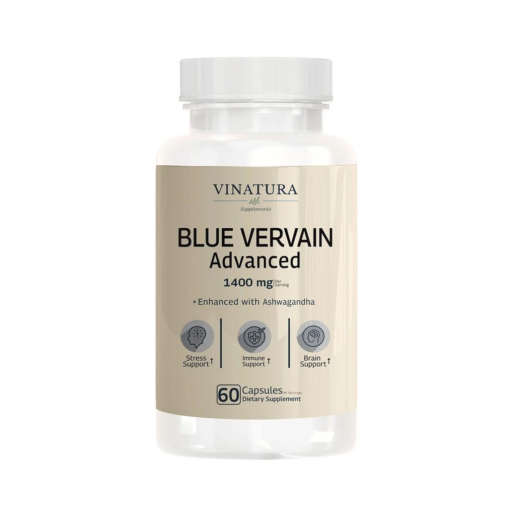 VINATURA Verbena Azul Avançado com Ashwagandha - 1400mg por serv, Cápsulas Verbena Azul, Blue Verbena Chá Alternativo, Saúde do Cérebro, Estresse, Suplementos Ashwaganda - 60 Cápsulas