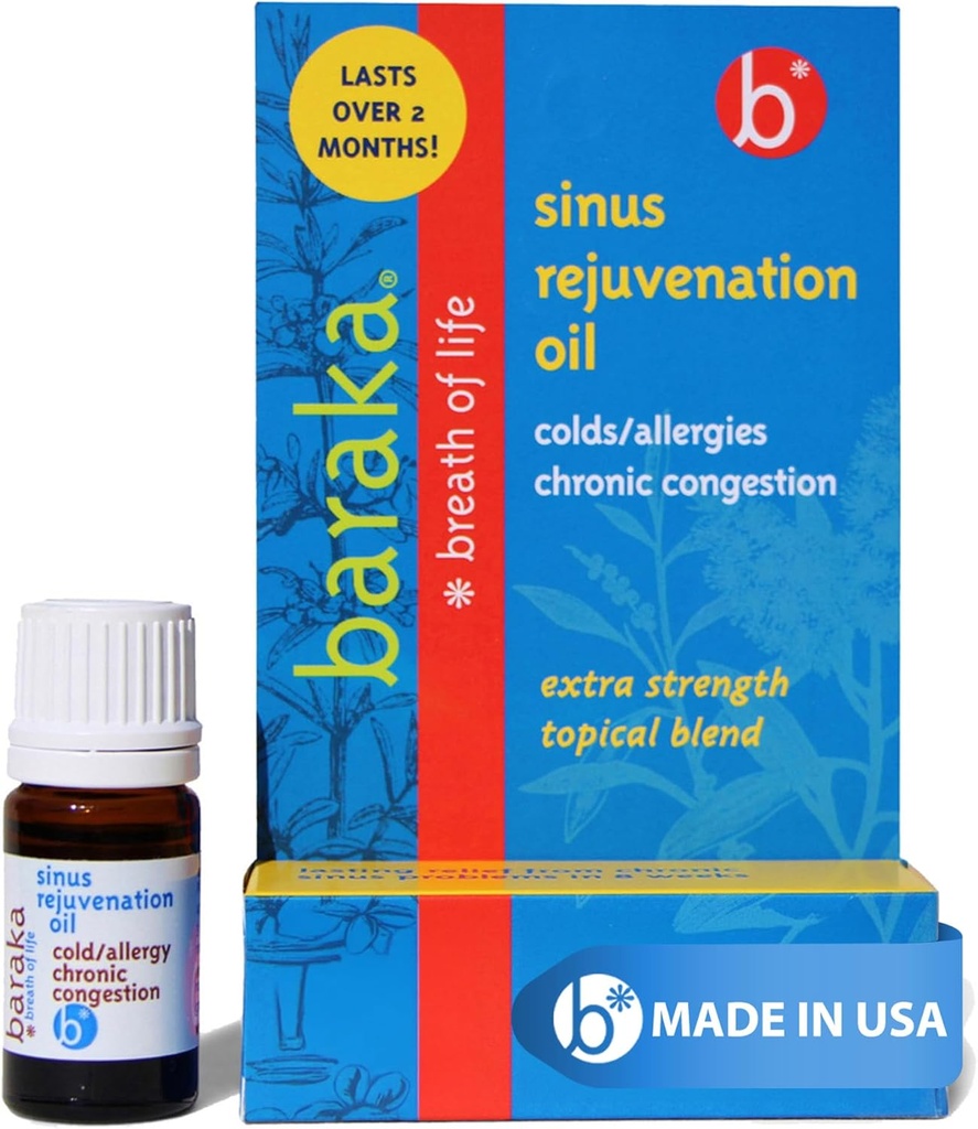 Baraka Sinus Rejuvenation Oil – Mistura de 6 óleos essenciais orgânicos para respiração nasal clara, facilidade de pressão sinusal, e ofertas de apoio relaxante à saúde nasal ideal para uso diário – 4ml (1-Pack)